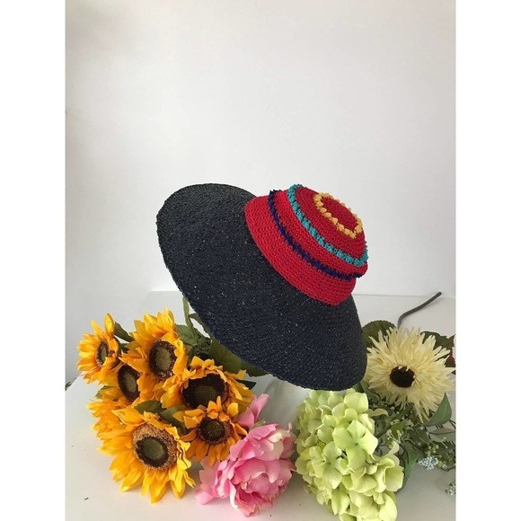 Vintage 1980s Navy‎ Straw Wide Brim Hat Funky Cool - Picture 3 of 5